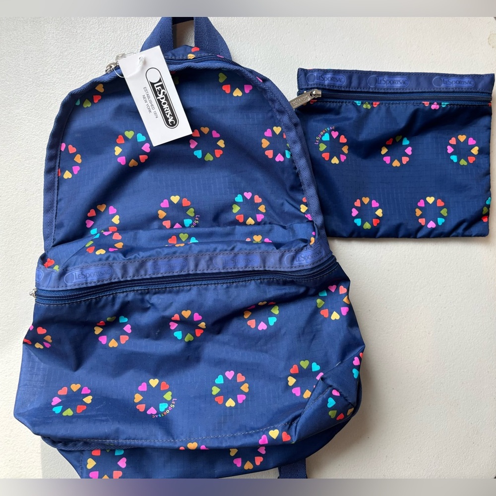 LeSportsac Basic Backpack w/pouch NWT- Navy Blue w/Multicolor Heart Design